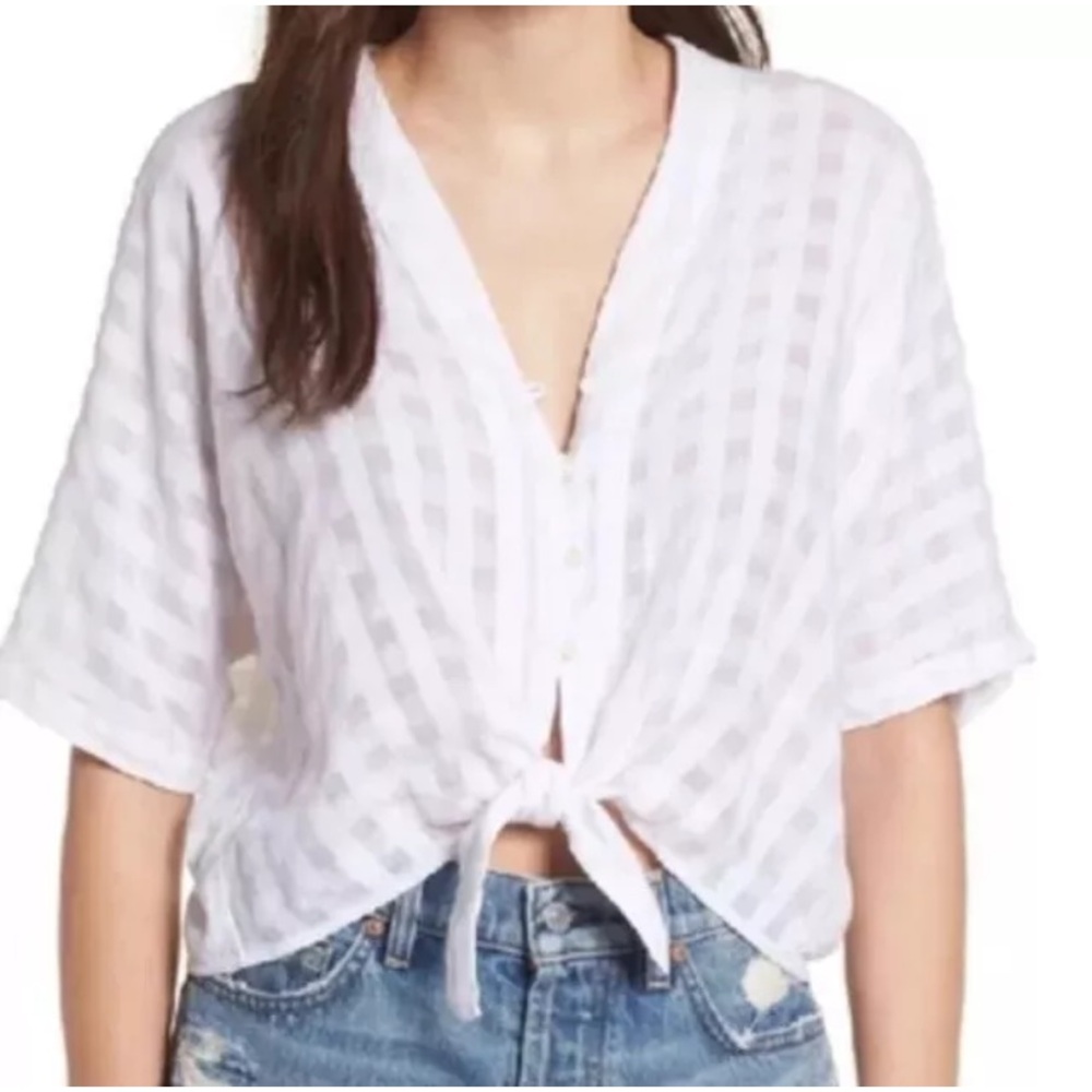 Rails Thea powder check Textured White Blouse Top L Large Versatile Tie Waist